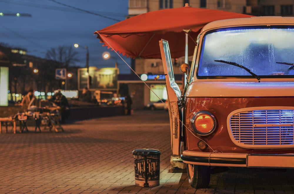 Food Truck on wheels in night street